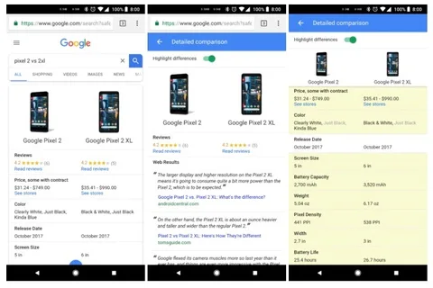Google arama sonuçları üzerinden cihaz özelliklerinin karşılaştırılmasını test ediyor