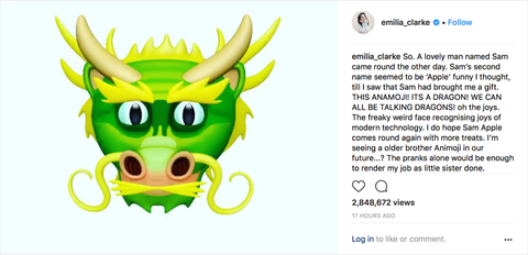 Emilia Clarke’dan iPhone X’a iOS 11.3 ile eklenecek ejderha Animoji’si ile paylaşım