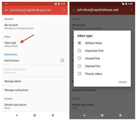 Gmail Android uygulamasında gelen kutusu türü değiştirilebilecek