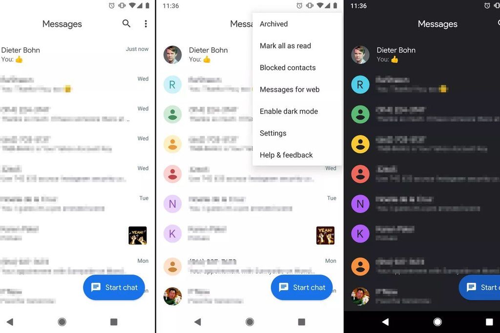android mesajlar koyu renk modu