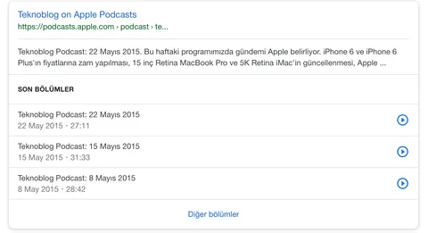 Google podcast bölümlerini arama sonuç sayfalarından dinletiyor