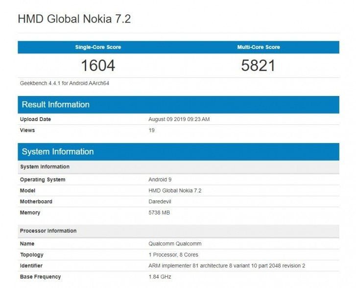 Nokia 7.2’nin daha fazla teknik özelliği Geekbench sayesinde görülüyor