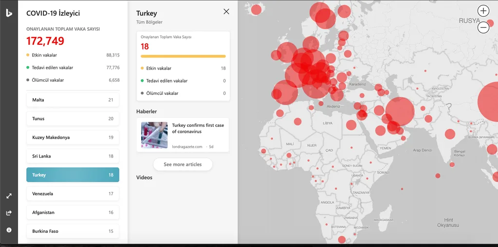 Microsoft’tan koronavirüs salgınını takip için interaktif harita
