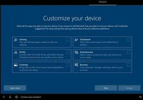 Microsoft Windows 10 için yeni kurulum ekranı test ediyor