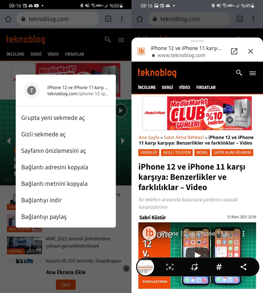 Chrome Android uygulamasına web bağlantısı önizleme yeniliği