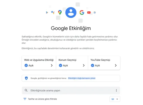 Google Web ve Etkinlik sayfasındaki bilgiler için şifre koyma imkanı