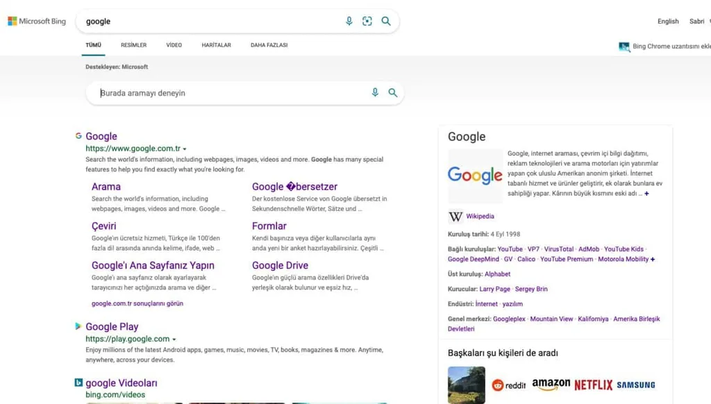 Google’a göre rakip Bing’de en çok “Google” terimi aranıyor
