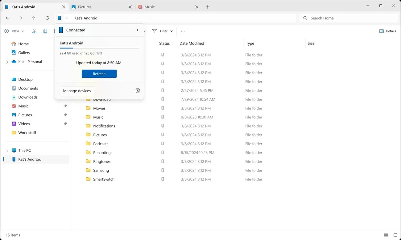 Microsoft, Windows 11’de Android telefonlar için yeni bir Dosya Gezgini özelliği test ediyor