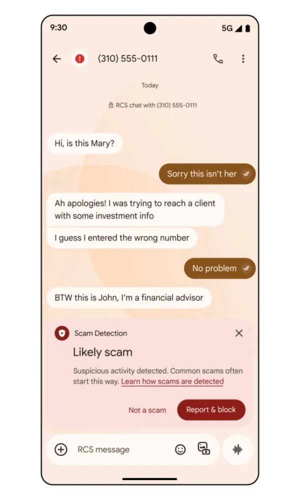 Google Mesajlar’da örnek bir görüşmede gösterilen dolandırıcılık uyarısı