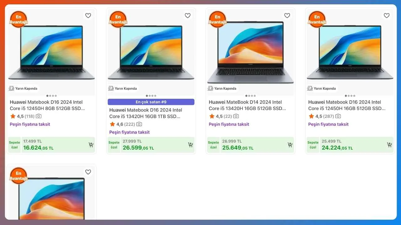 Huawei MateBook D14 ve D16 modellerinde sepette net %5 indirim uygulanıyor (Ağustos 2025)
