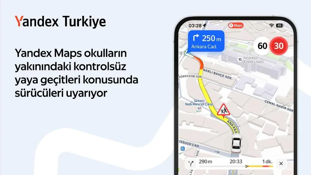 Yandex Maps okul bölgelerindeki geçitlerde sürücüleri sesli ve görsel bildirimlerle uyaracak