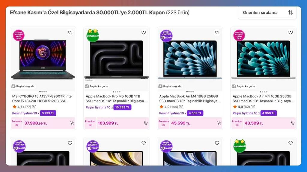 hepsiburada efsane kasım bilgisayar 2000 TL kupon