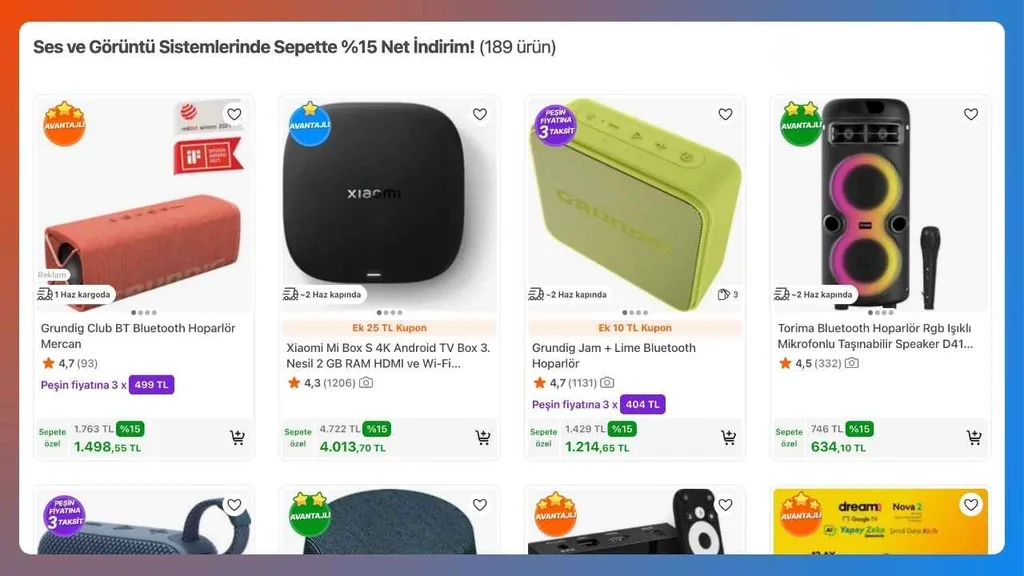 Bluetooth hoparlörden Android TV Box’a 189 üründe yüzde 15 indirim var (Mayıs 2026)