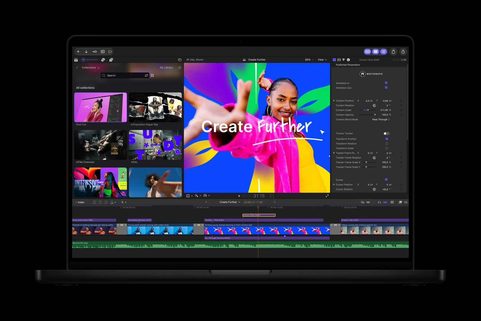 MacBook Pro ekranında Final Cut Pro ve MotionVFX içerik paneli