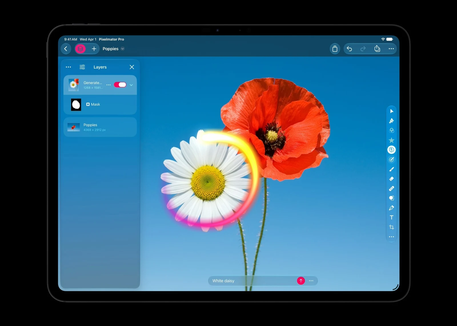 iPad ekranında Pixelmator Pro ile çiçek görseli düzenleme