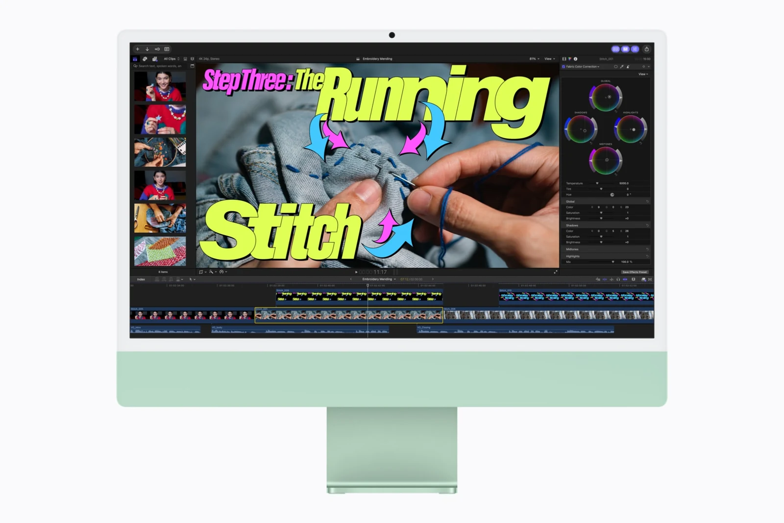 Yeşil M6 iMac ekranında Final Cut Pro ile açık bir video düzenleme projesi