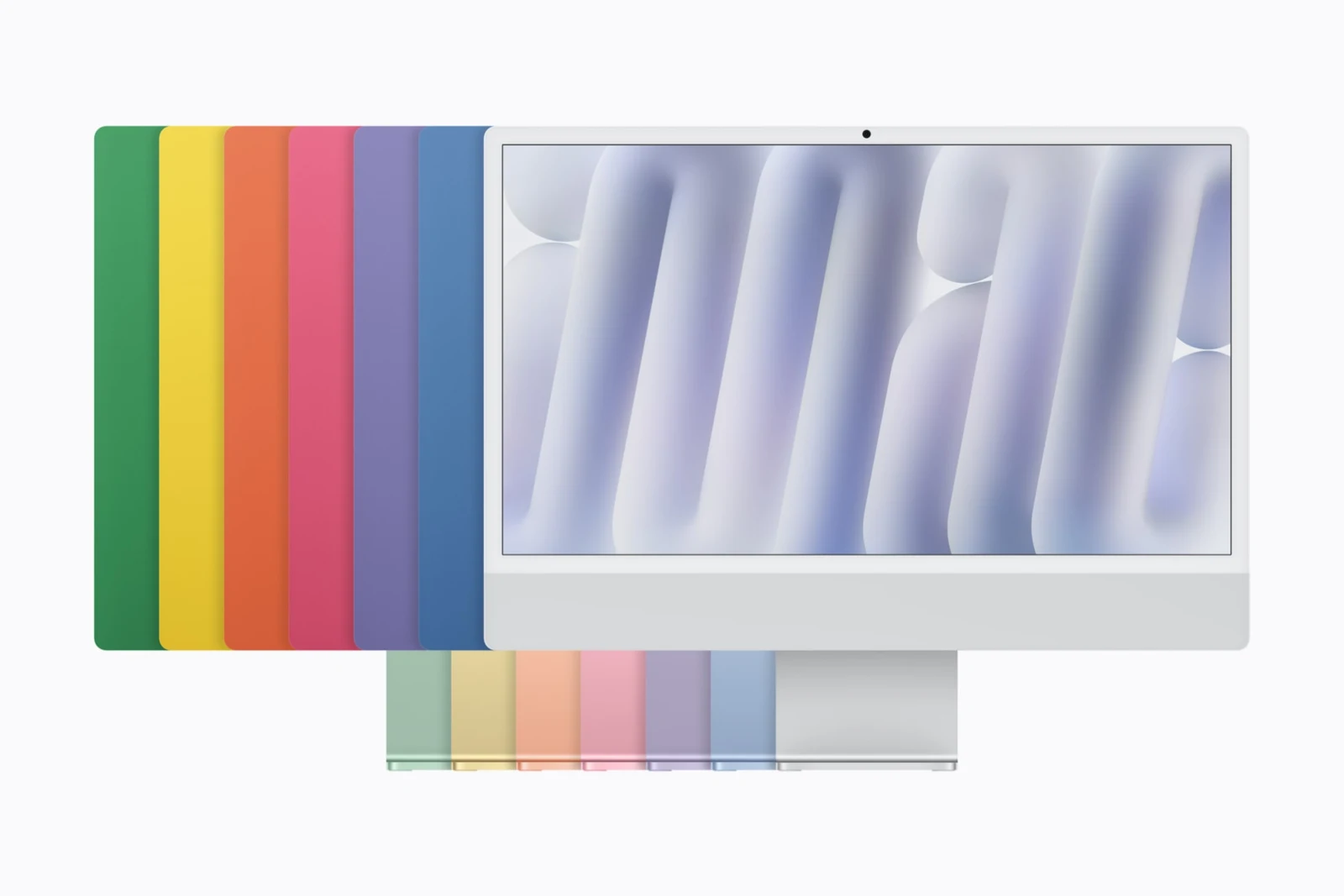 M6 iMac’in yeşil, sarı, turuncu, pembe, mor, mavi ve gümüş renk seçenekleri