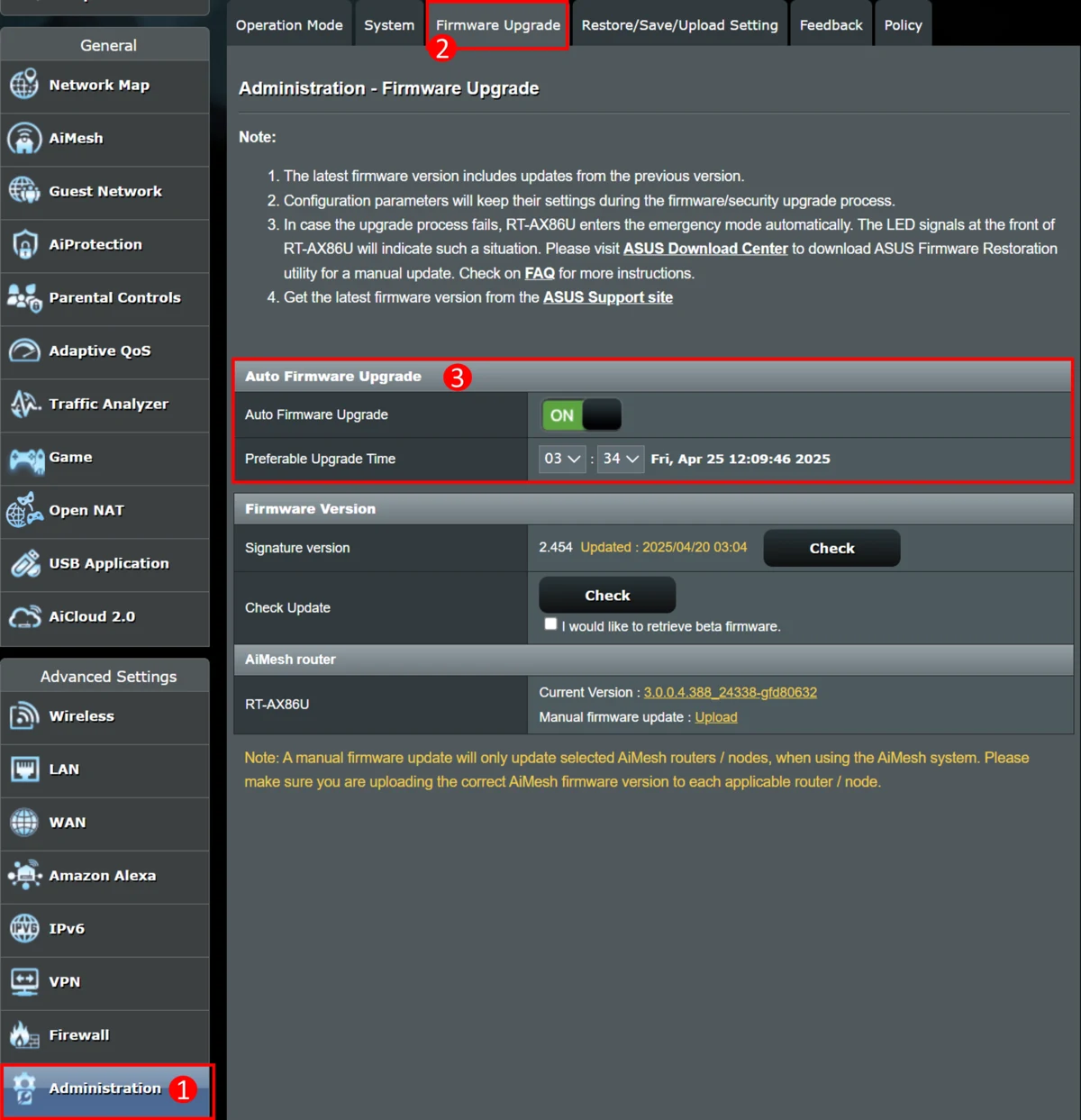 ASUS yönlendirici Firmware Upgrade ekranında sürüm bilgisi ve güncelleme kontrolü