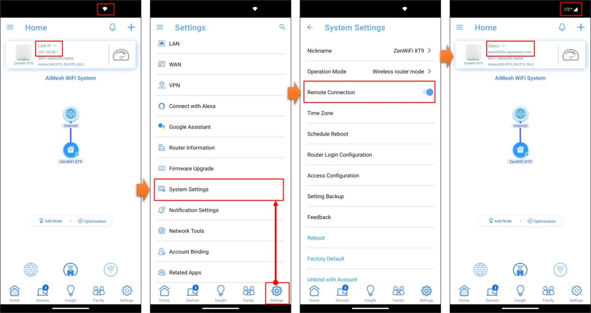 ASUS Router uygulamasında Remote Connection menüsüne erişim