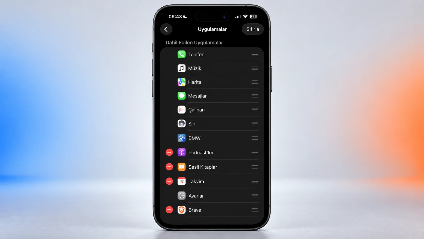 iPhone’da CarPlay Uygulamalar ekranındaki sıralama tutamaçları