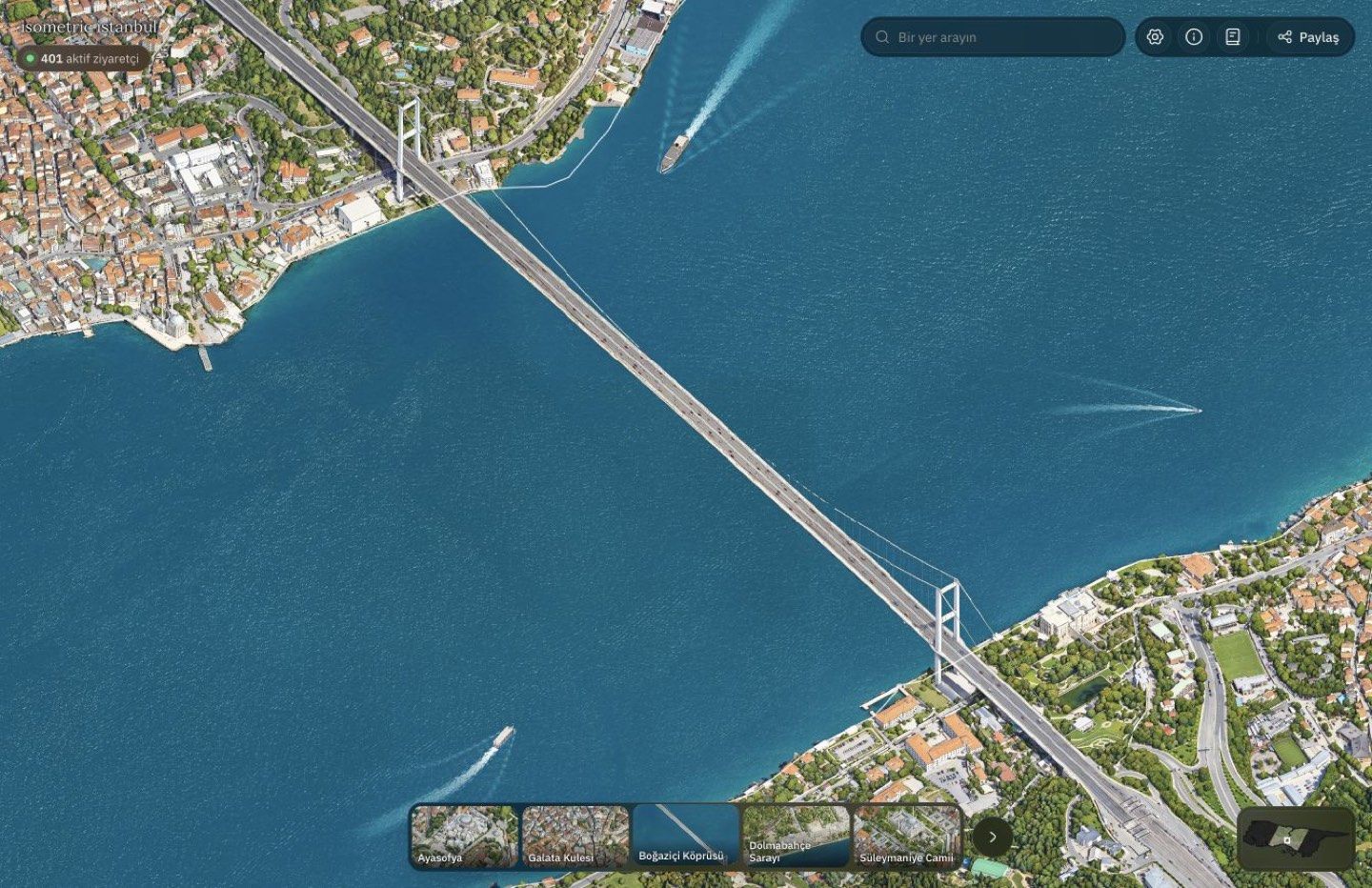 Isometric Istanbul haritasında Boğaziçi Köprüsü ve iki yakanın izometrik görünümü