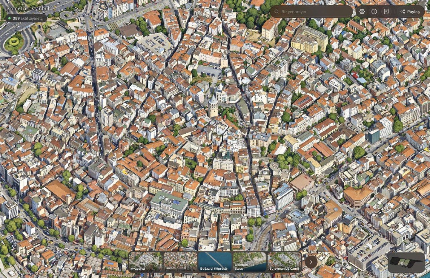 Isometric Istanbul haritasında Galata Kulesi ve çevresindeki binalar