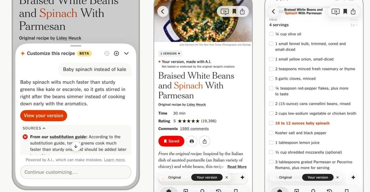 NYT Cooking, tarifleri eldeki malzemeye göre değiştiren yapay zekâyı açtı
