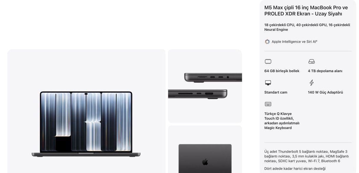 Apple Türkiye yapılandırıcısında 16 inç M5 Max, 64 GB bellek ve 4 TB SSD seçimi