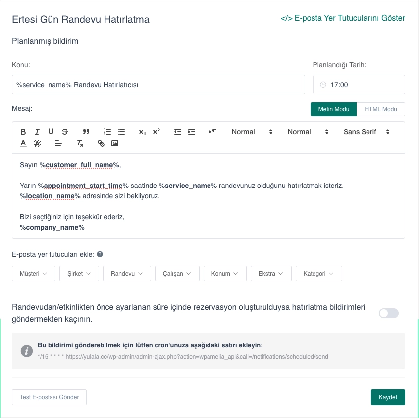 Sonraki Gün Randevu Hatırlatma için E-posta Şablon Örneği