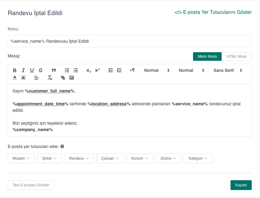 İptal Edilen Randevu için E-posta Şablon Örneği